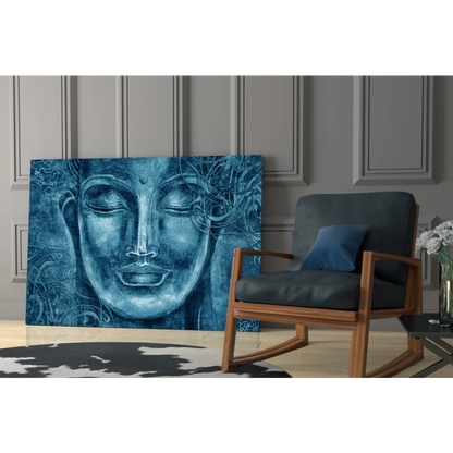 Serene blue Buddha face wall art canvas with swirling patterns