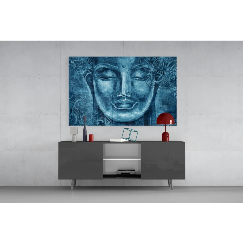 Serene blue Buddha face wall art canvas with swirling patterns
