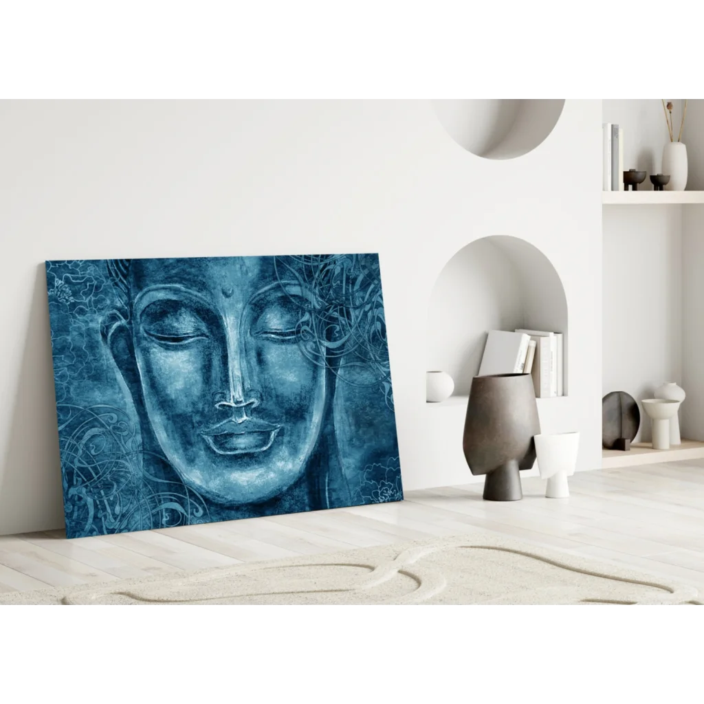 Serene blue Buddha face canvas wall art with swirling patterns