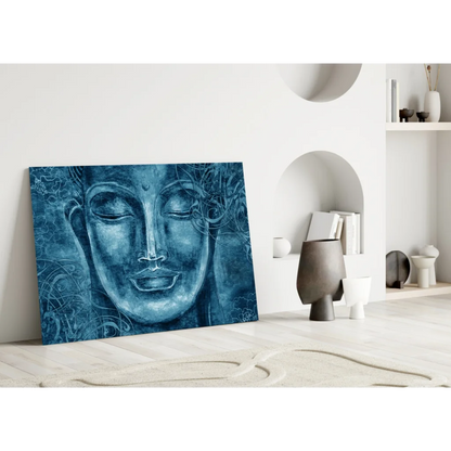 Serene blue Buddha face canvas wall art with swirling patterns
