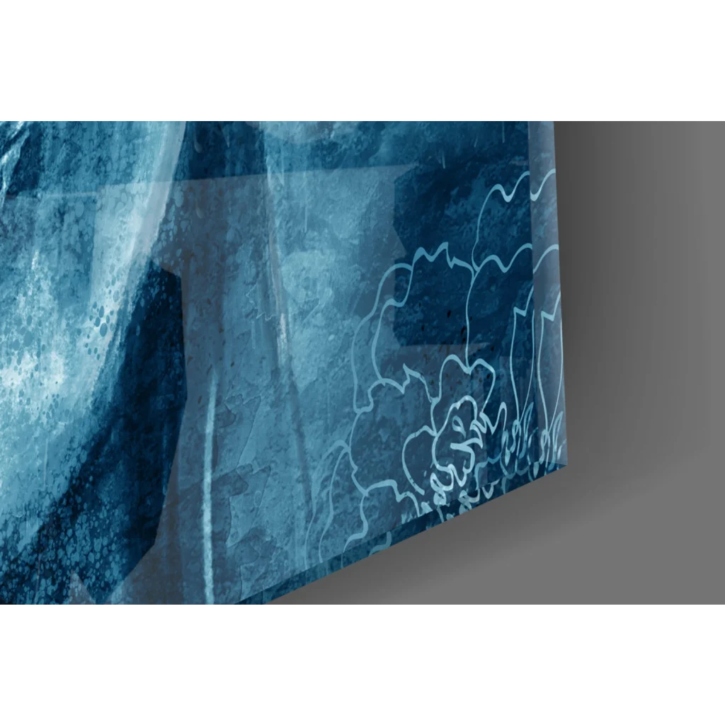 Serene Buddha face glass wall art with blue abstract floral patterns