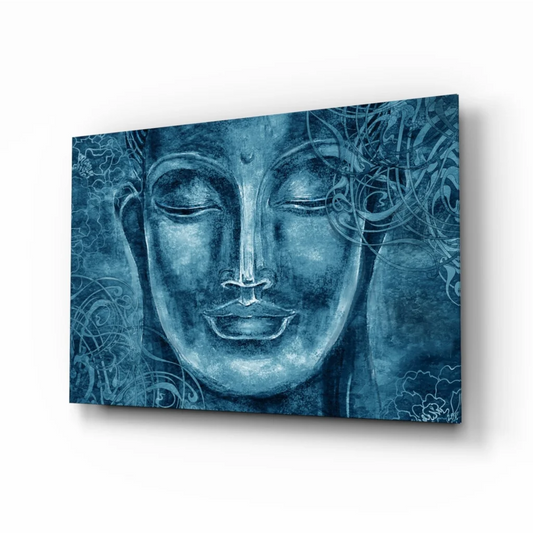 Serene blue-toned Buddha face canvas wall art with swirling patterns
