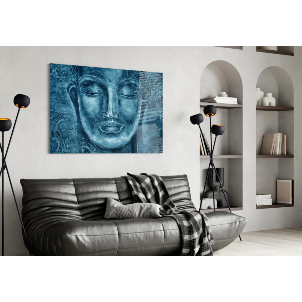 Serene blue Buddha face wall art with swirling patterns, calm closed eyes