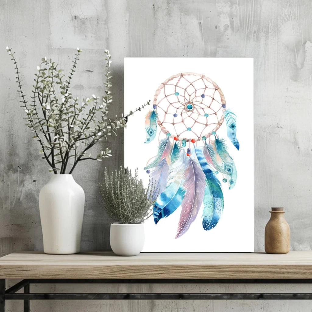 Mystical dreamcatcher art print with blue and pink watercolor feathers