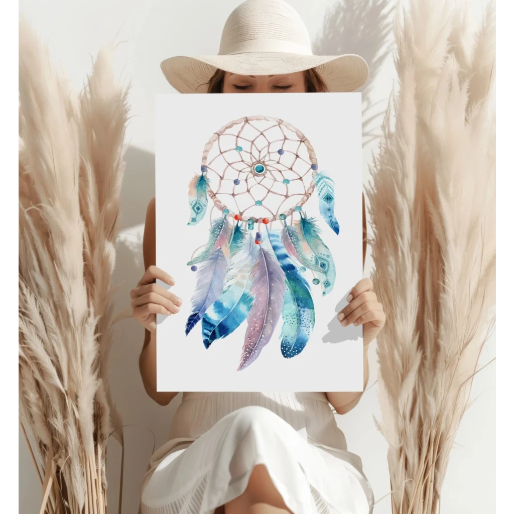 Blue and teal mystical dreamcatcher art print with purple feathers