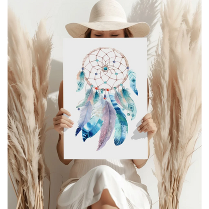Blue and teal mystical dreamcatcher art print with purple feathers