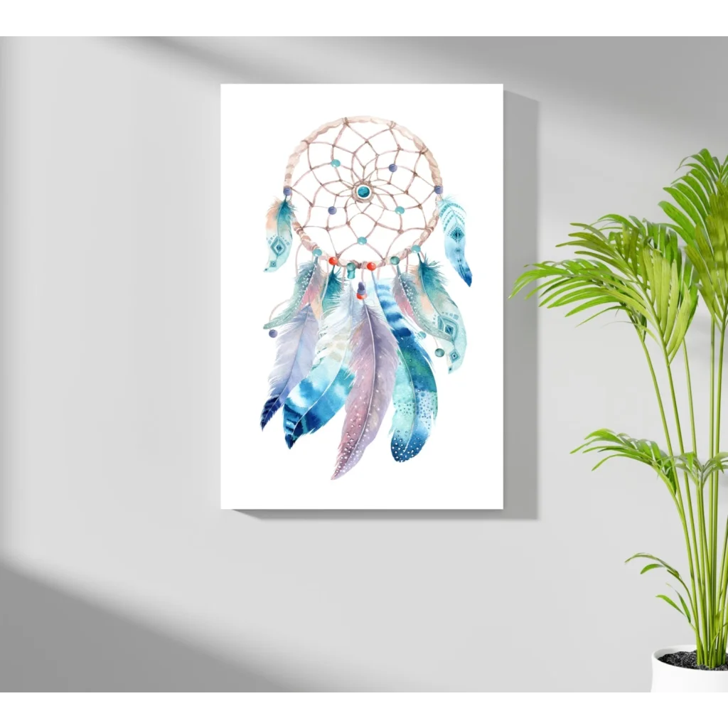 Mystical dreamcatcher art print with blue and purple feathers on white background