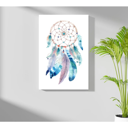 Mystical dreamcatcher art print with blue and purple feathers on white background