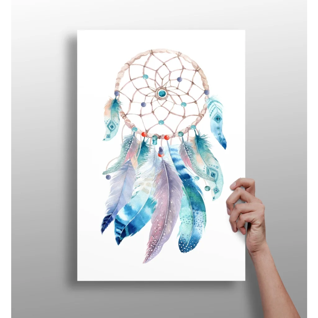 Mystical Dreamcatcher Art Print with colorful blue and purple feathers and beads on white background