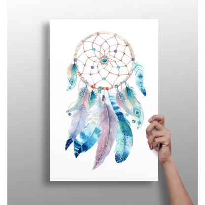 Mystical Dreamcatcher Art Print with colorful blue and purple feathers and beads on white background