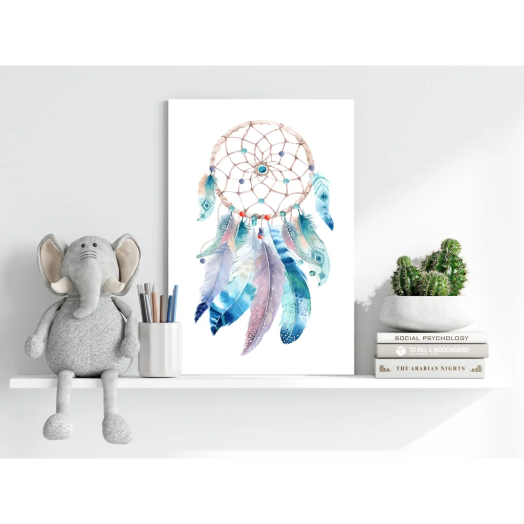 Mystical dreamcatcher art print with blue and purple feathers on white background