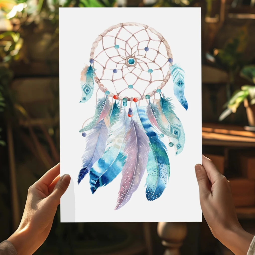 Mystical dreamcatcher art print with blue purple feathers white webbing