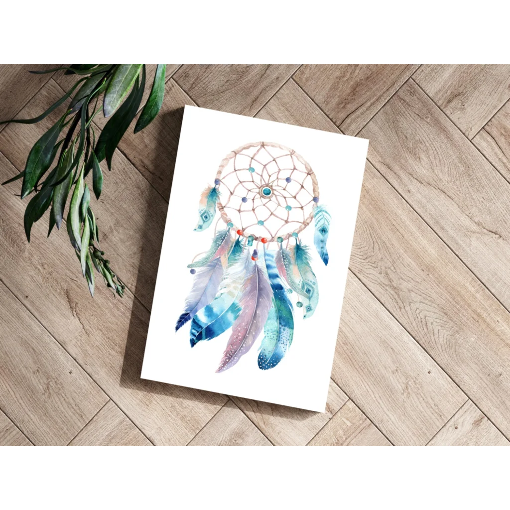 Mystical dreamcatcher art print with blue purple feathers beads evil eye