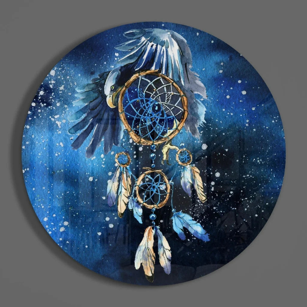Blue watercolor dreamcatcher on tempered glass art with golden feathers and starry sky