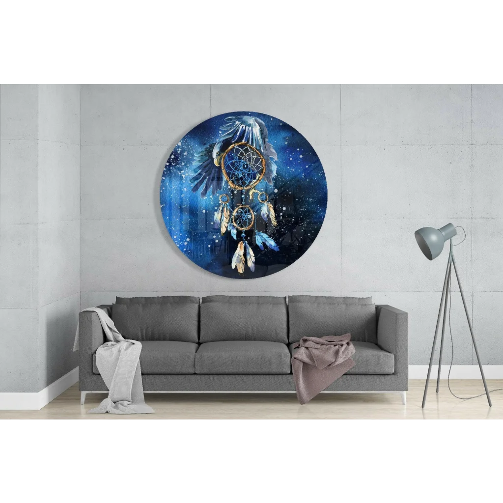 Circular blue Mystical Dreamcatcher tempered glass art with golden feathers and starry night design