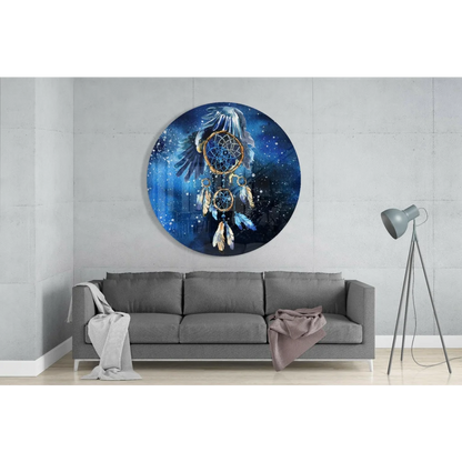 Circular blue Mystical Dreamcatcher tempered glass art with golden feathers and starry night design