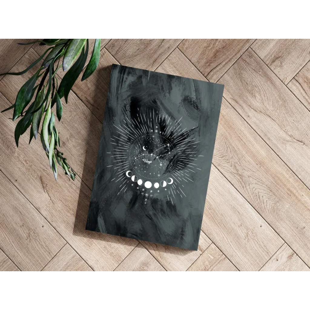 Mystical black cat canvas art with moon phases and starburst on wood floor