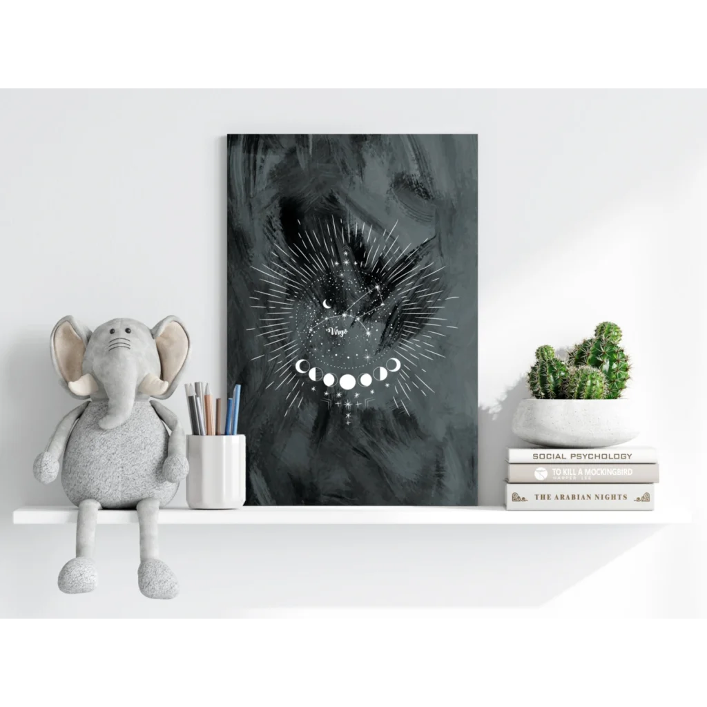 Cute elephant plush toy with gray fur and white tusks on shelf