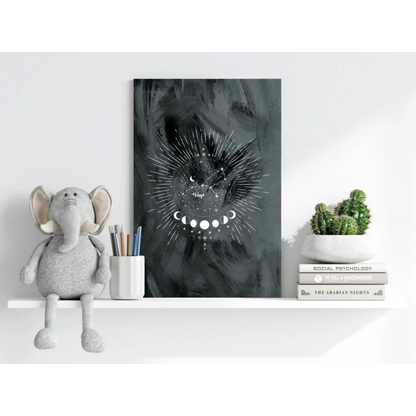 Cute elephant plush toy with gray fur and white tusks on shelf