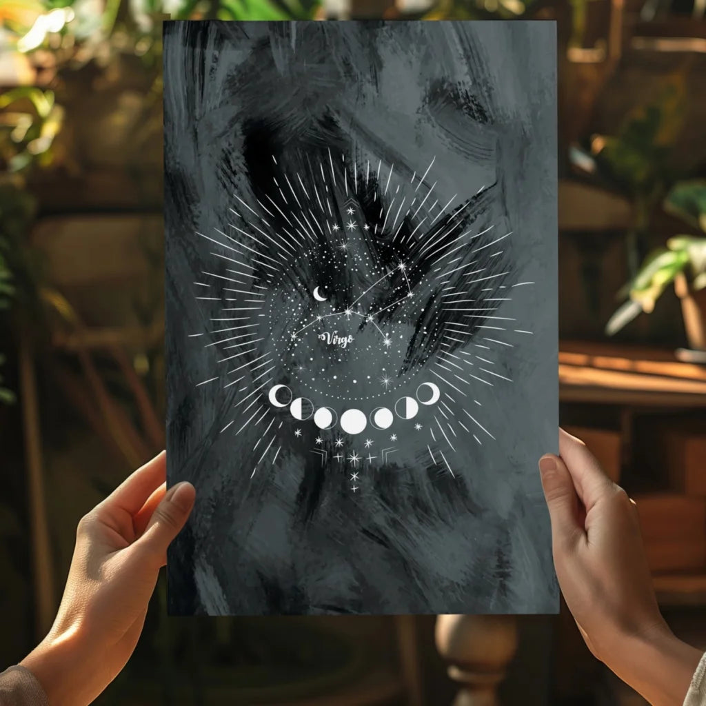 Mystical black cat moon phases poster in black and white, held by hands
