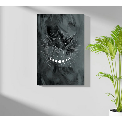 Black and white mystical moon phases black cat abstract art on gray wall