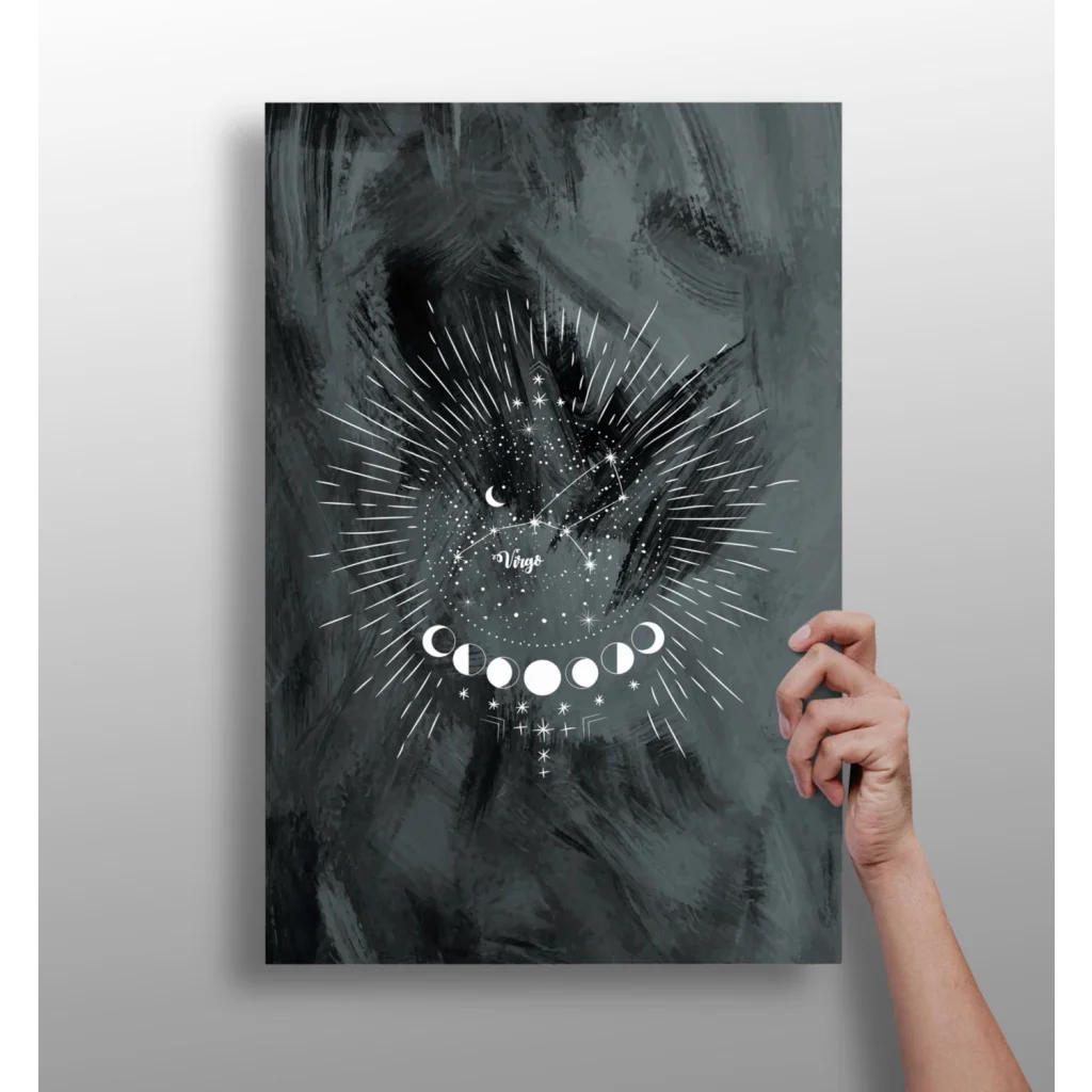 Mystical black and white moon phases with black cat wall art