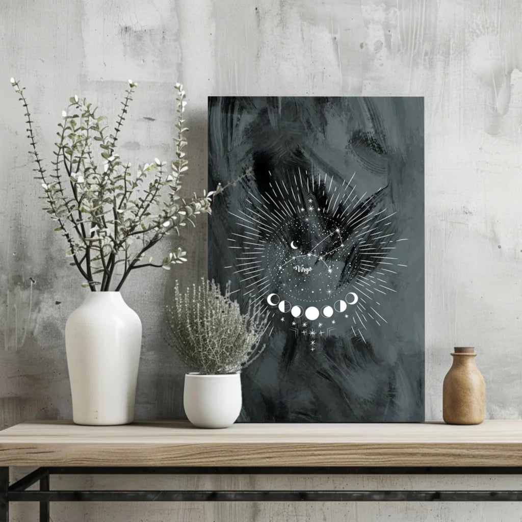 Mystical black and white moon phases black cat canvas wall art with starburst