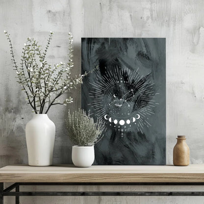 Mystical black and white moon phases black cat canvas wall art with starburst