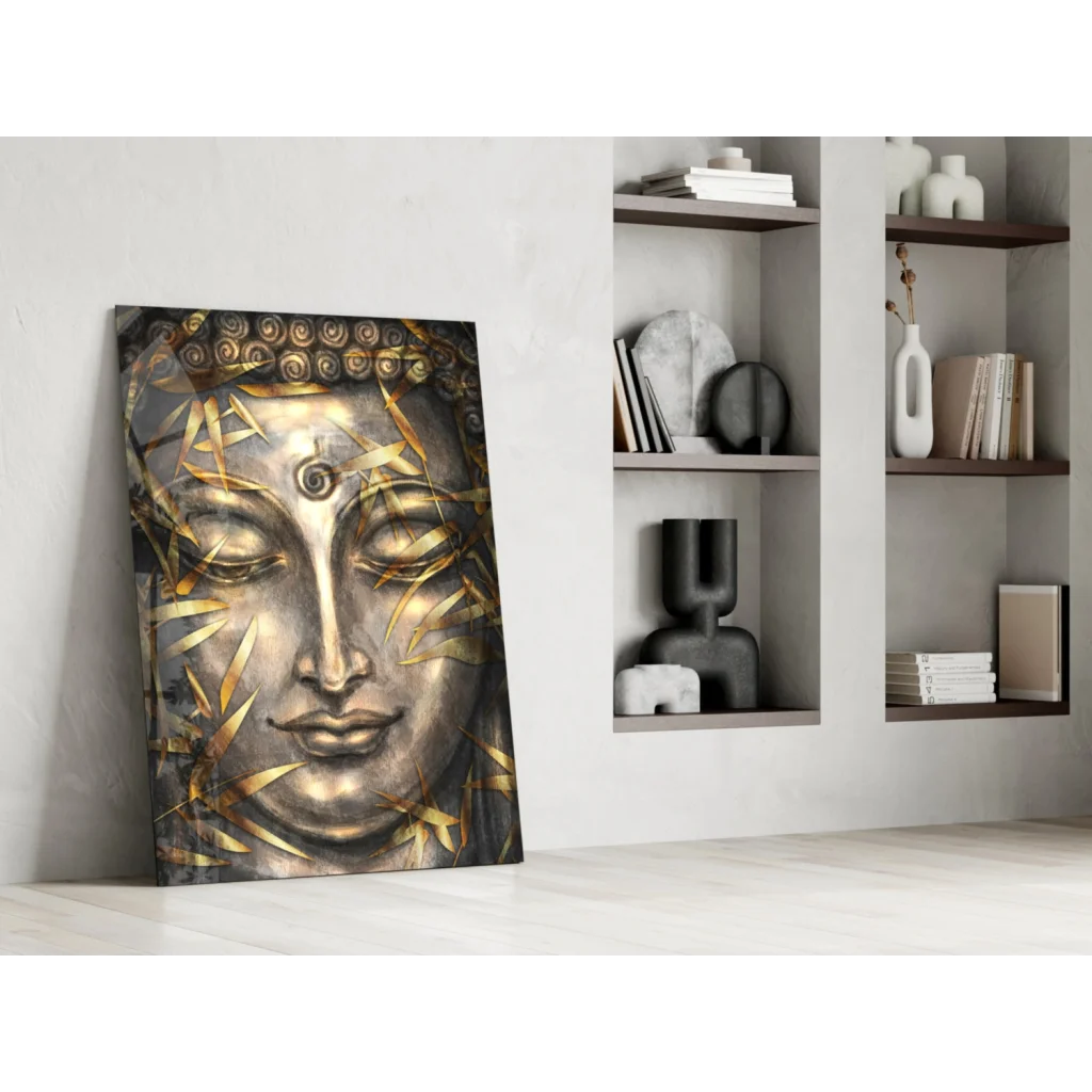 Stunning metallic gold and silver Buddha face wall art with intricate bamboo leaves