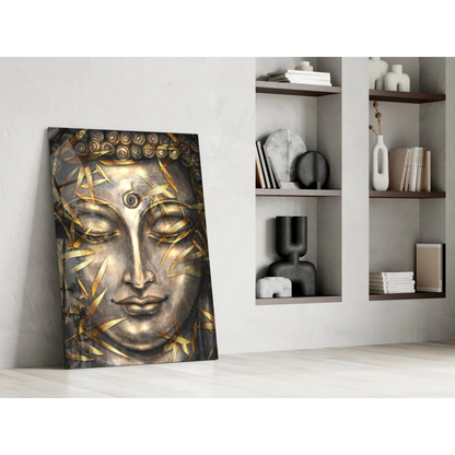 Stunning metallic gold and silver Buddha face wall art with intricate bamboo leaves