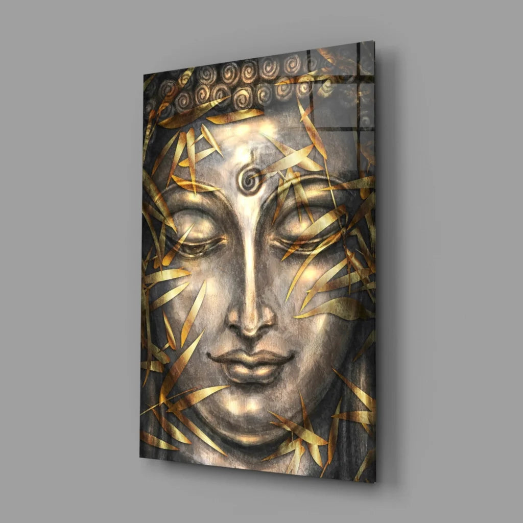 Stunning silver Buddha face glass wall art with golden bamboo leaves