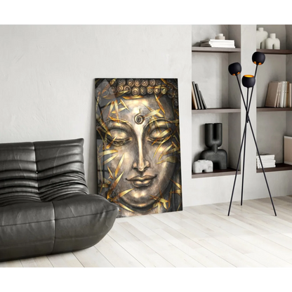 Golden Buddha face wall art with bamboo leaves in modern living room