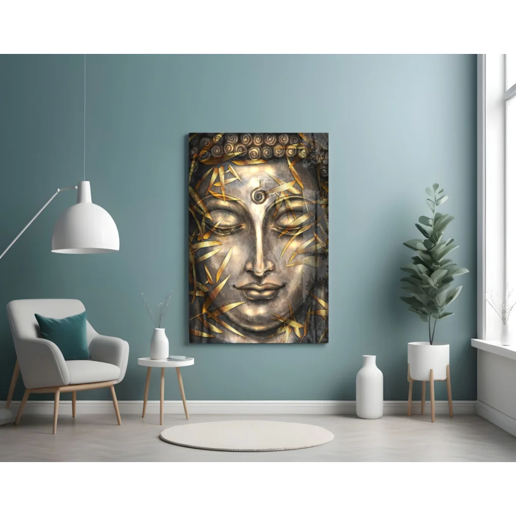 Stunning Buddha face wall art with gold silver spirals and bamboo leaves