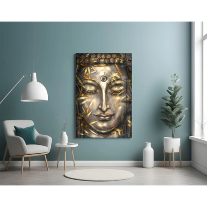 Stunning Buddha face wall art with gold silver spirals and bamboo leaves