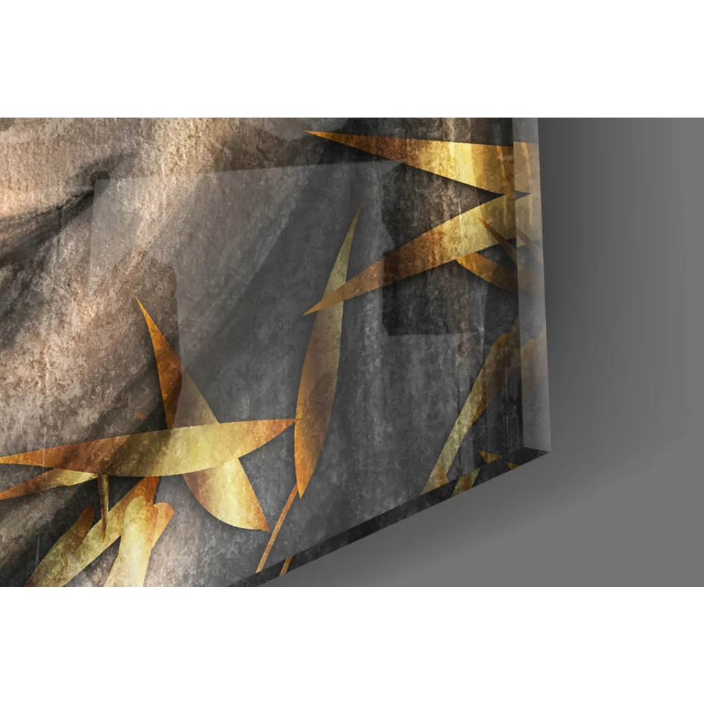 Stunning Buddha face glass wall art with golden bamboo leaves on gray stone