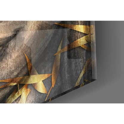 Stunning Buddha face glass wall art with golden bamboo leaves on gray stone