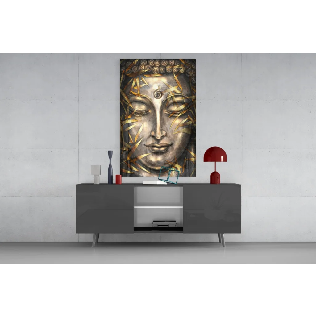 Stunning metallic gold and silver Buddha face glass wall art with intricate golden leaf patterns