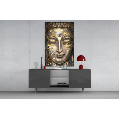 Stunning metallic gold and silver Buddha face glass wall art with intricate golden leaf patterns