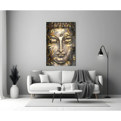 Serene gold and silver Buddha face glass wall art with golden leaf patterns