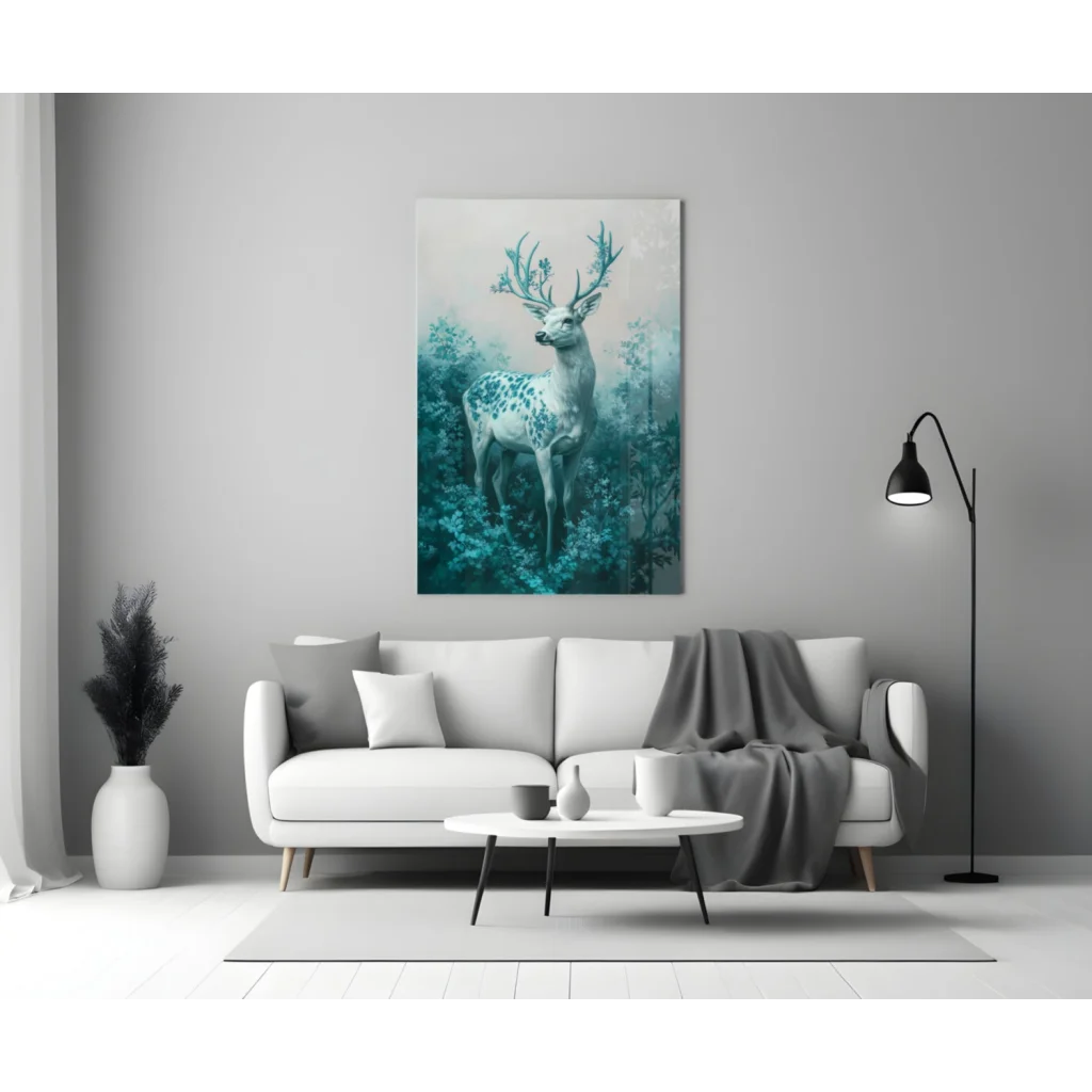 Mystical teal deer glass wall art with enchanted intricate antlers on gray wall