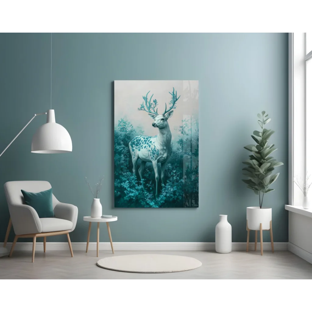 Teal deer glass wall art with enchanted foliage antlers on blue wall