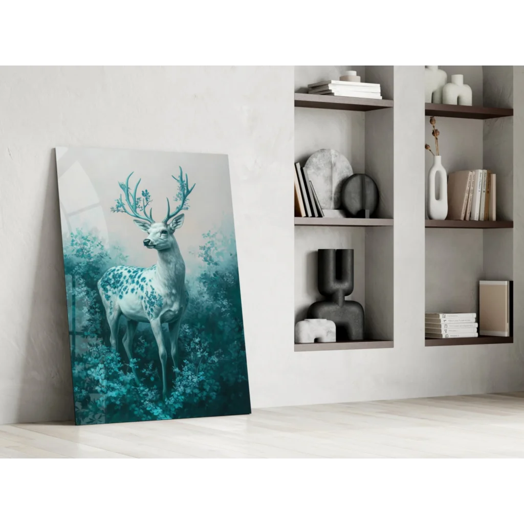 Mystical teal deer glass wall art with enchanted foliage antlers