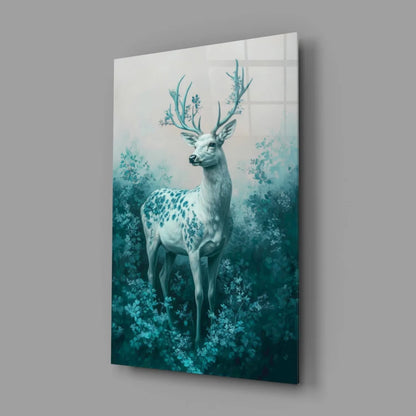 Mystical teal deer glass wall art with enchanted antlers in misty foliage