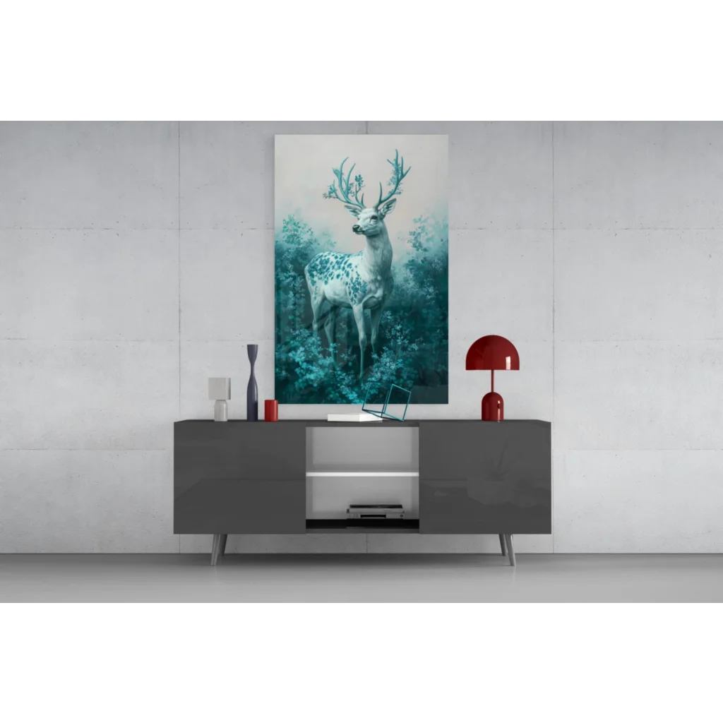 Mystical teal deer glass wall art with enchanted antlers on gray table