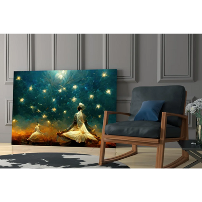 Mystical meditation wall art canvas with glowing fireflies and serene figure