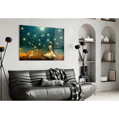 Mystical wall art canvas of two figures in white robes under teal orange starry sky with glowing fireflies