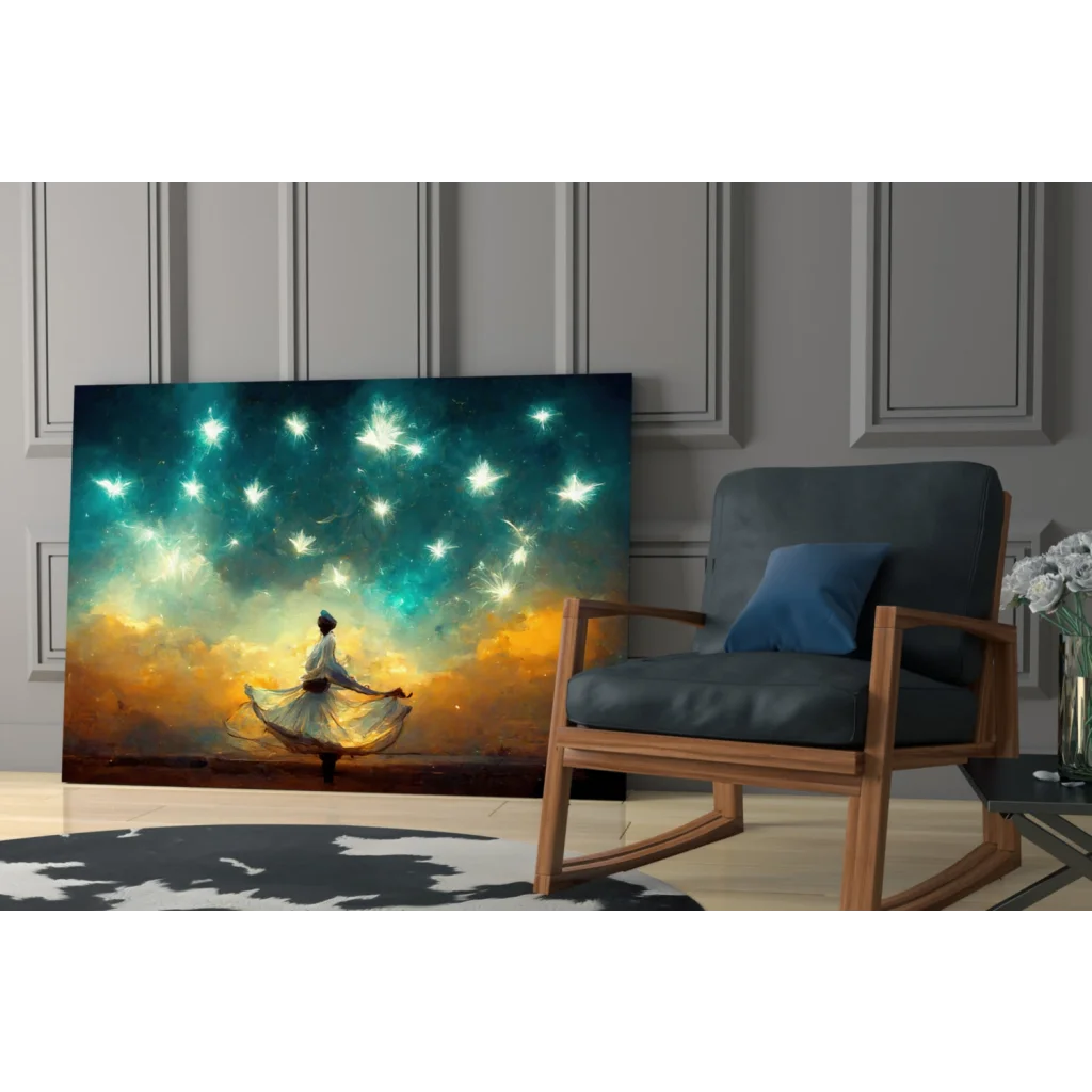 Solitary figure spins in starlit glow on vibrant canvas wall art