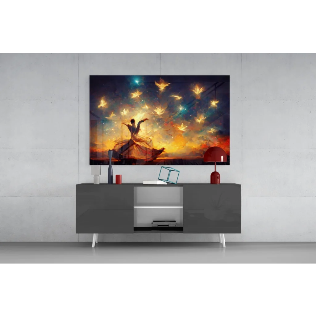 Vibrant glowing autumn dancer wall art with golden birds and leaves