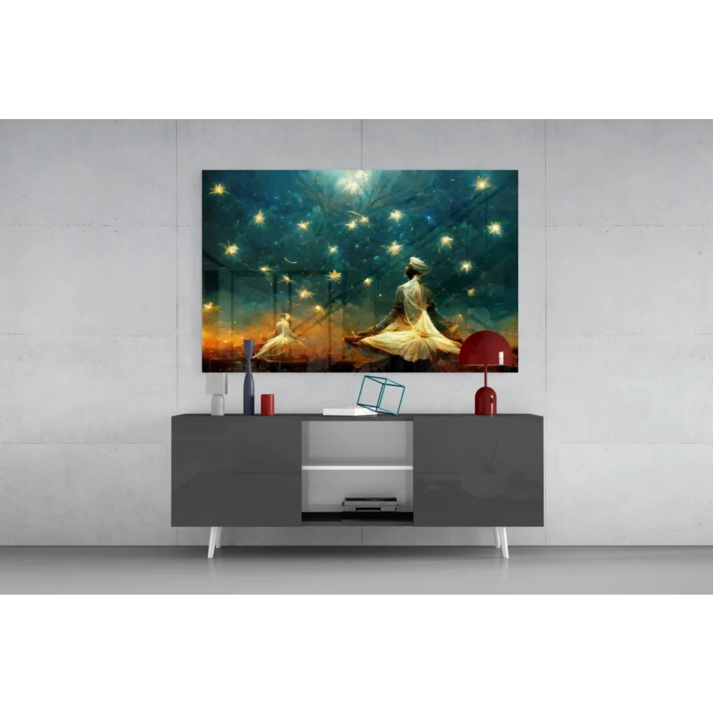Mystical dancers in white with fireflies on glass wall art