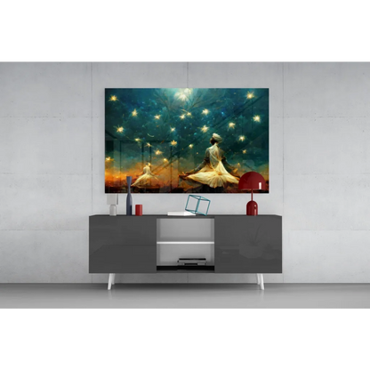 Mystical dancers in white with fireflies on glass wall art